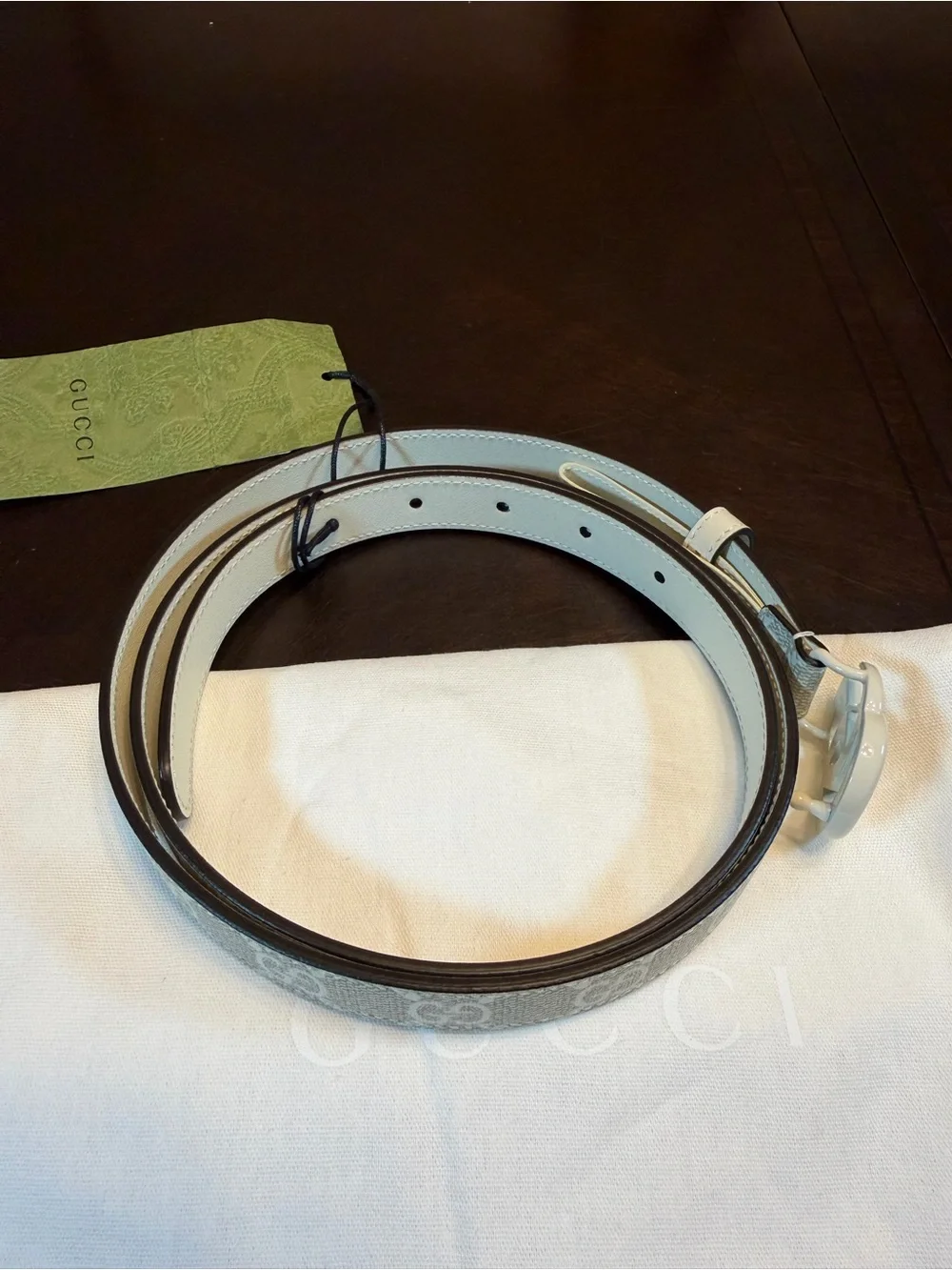 New Gucci GG Logo Buckle Ivory Gray Leather Belt Size 42 / 105 cm Waist 38 - 42 - Picture 7 of 13